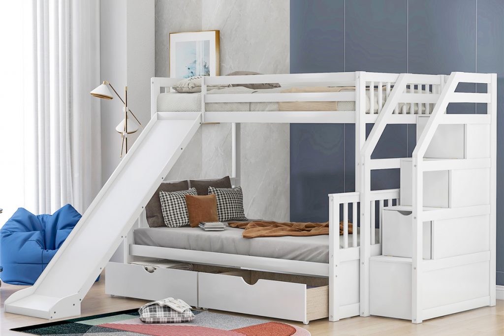 Why Buy The Gray Twin Over Full Bunk Bed With Drawers And Slide?